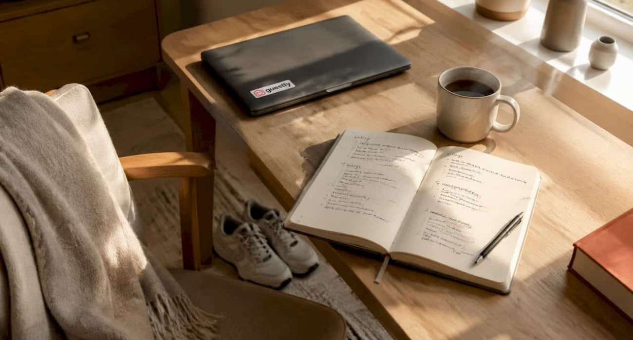 Nordic style rental planning workspace with coffee cup