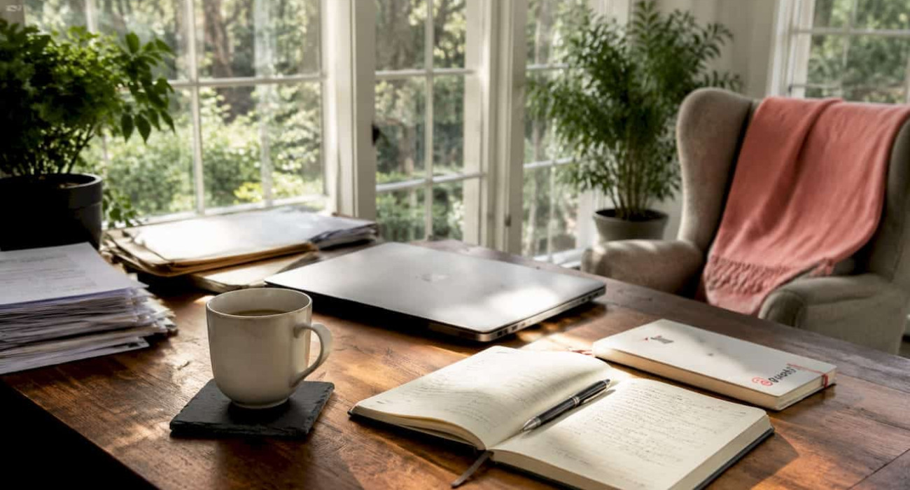 Executive workspace with planner and coffee cup