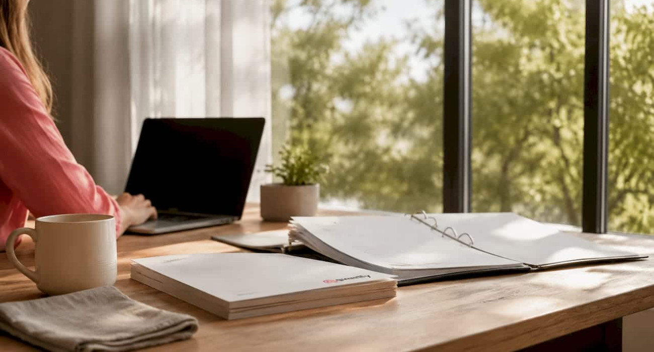 Desk with compliance documents and coffee cup