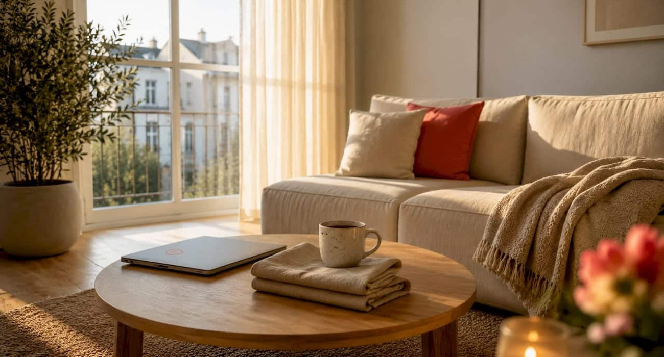 Minimalist Nordic living room with natural morning light