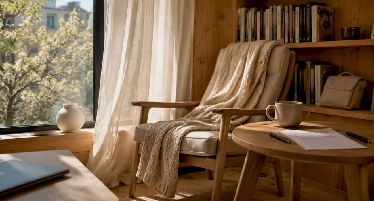 Norwegian style living room with printed reviews and coffee cup