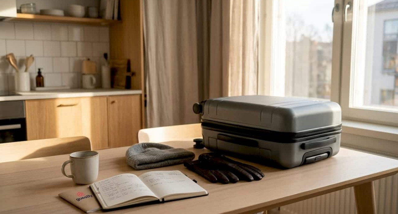 Neatly packed suitcase and clothing on Nordic style desk