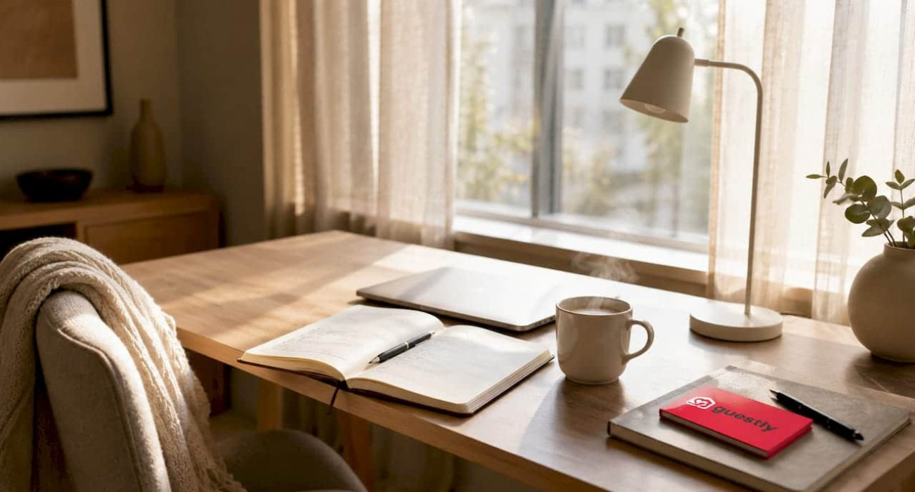 Calm Nordic style bedroom workspace with coffee cup